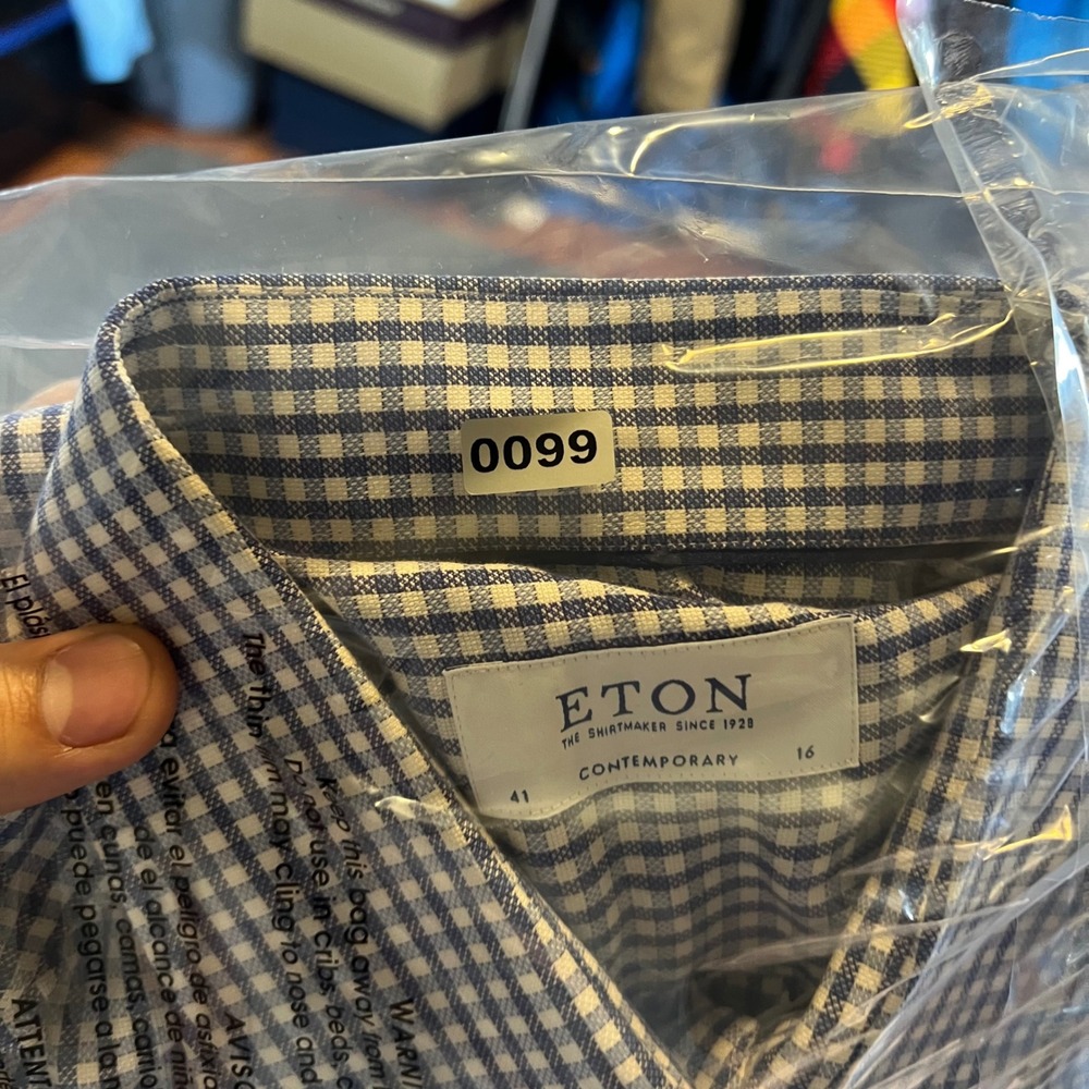 Eton Dress Shirt Mens 16/41 Blue Gingham Check Contemporary Fit Oxford - Picture 7 of 9